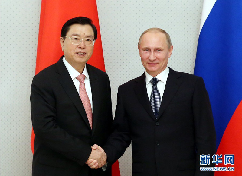 9月23日，全國人大常委會委員長張德江在索契會見俄羅斯總統普京。新華社記者姚大偉攝