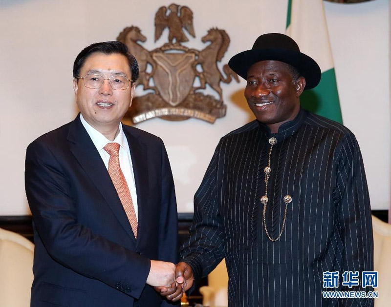 9月18日，全國人大常委會委員長張德江在阿布賈會見尼日利亞總統喬納森。 新華社記者 姚大偉攝