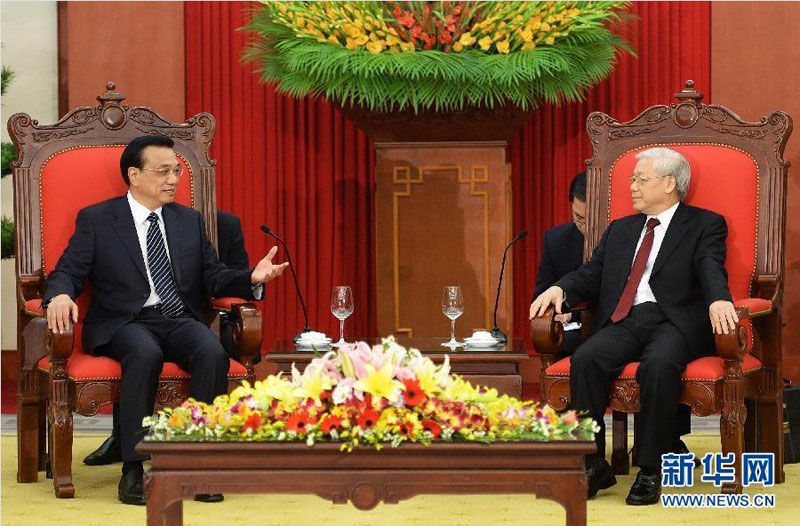 10月14日，中國國務院總理李克強在河內會見越共中央總書記阮富仲。 新華社記者 劉建生 攝
