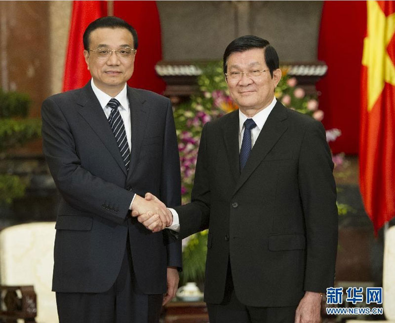 10月14日，中國國務院總理李克強在河內會見越南國家主席張晉創。 新華社記者 黃敬文 攝