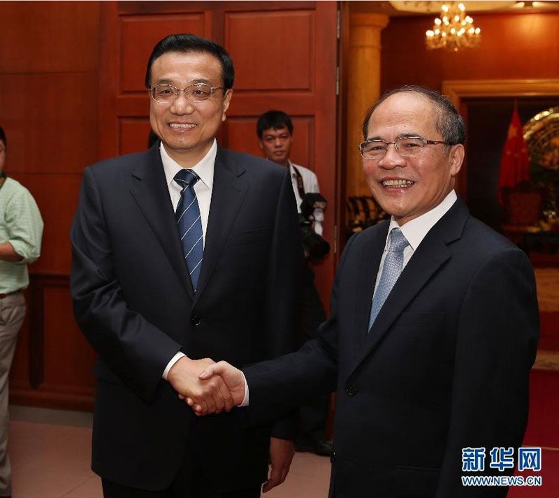 10月14日，中國國務院總理李克強在越南國會會見越南國會主席阮生雄。 新華社記者 劉衛兵 攝
