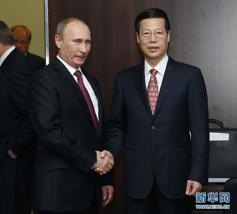 6月20日，俄羅斯總統普京在聖彼得堡會見代表中國政府出席第十七屆聖彼得堡國際經濟論壇的國務院副總理張高麗。 新華社記者 劉衛兵 攝