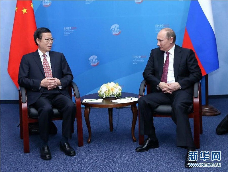 6月20日，俄羅斯總統普京在聖彼得堡會見代表中國政府出席第十七屆聖彼得堡國際經濟論壇的國務院副總理張高麗。 新華社記者 龐興雷 攝