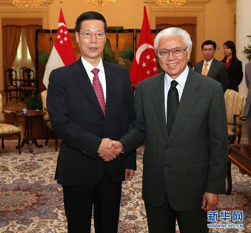 10月22日，應邀訪問新加坡的中國國務院副總理張高麗會見新加坡總統陳慶炎。 新華社記者 李濤 攝