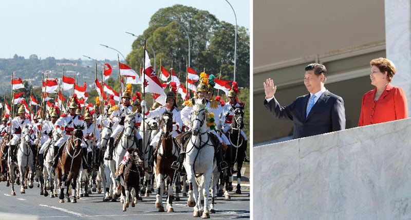 當地時間7月17日，國家主席習近平在巴西利亞出席巴西總統羅塞夫舉行的歡迎儀式（拼版照片）。 新華社記者劉建生攝