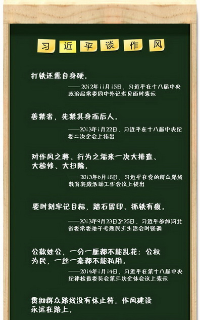 【圖解】習近平關於“作風建設”論述摘編黨的十八大提出建設廉潔政治的重大任務，要求做到干部清正、政府清廉、政治清明。一年多來，圍繞黨的作風建設，習近平總書記以身作則、率先垂范：他提出許多重要論述，文風朴實，文字鮮活，貼近實際﹔他排隊買包子、與群眾吃大鍋飯﹔他輕車簡從調研基層、冒雨挽褲腿打傘聽匯報…… 