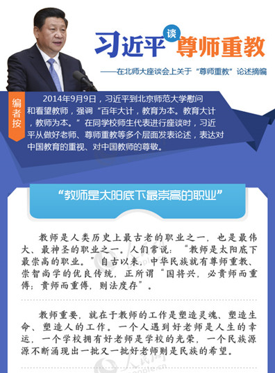 【图解】习近平在北师大座谈会上谈“尊师重教”2014年9月9日,习近平到北京师范大学慰问和看望教师,强调“百年大计,教育为本。教育大计,教师为本。”在同学校师生代表进行座谈时,习近平从尊师重教等多个层面发表论述,表达对中国教育的重视、对中国教师的尊敬。