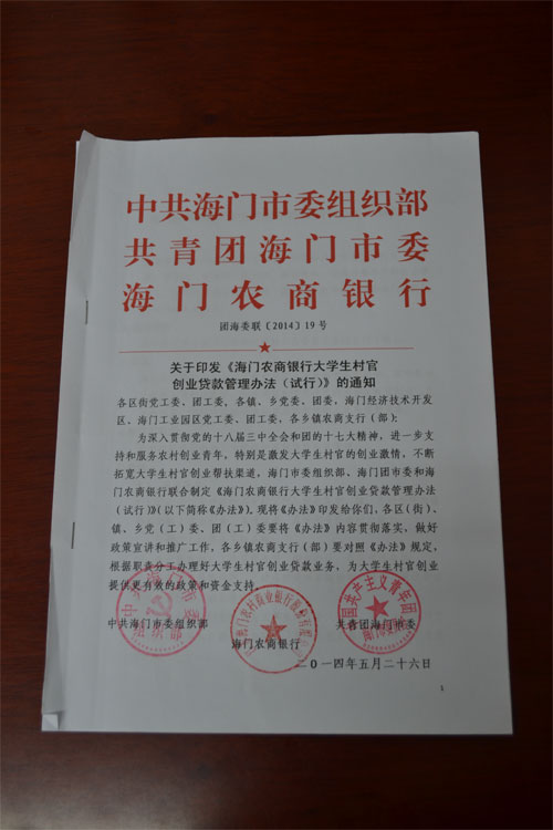 2014年初，海門團市委充分發揮“1+7+X”模式裡金融機構編制外副書記的作用，制定了小貸優惠產品的，得到了大學生村官群體的熱烈歡迎