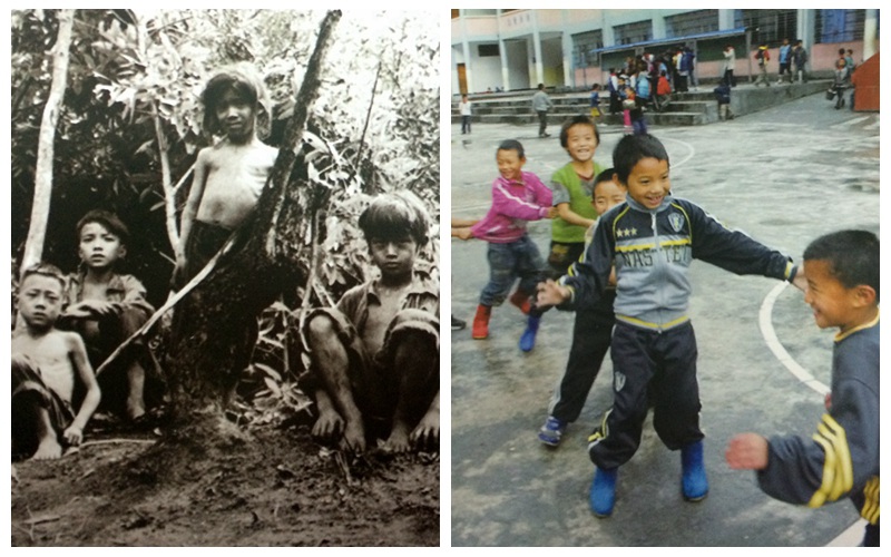 解放前的獨龍族孩子穿著破爛愁容滿面，如今獨龍江的孩子在學校享受快樂童年。