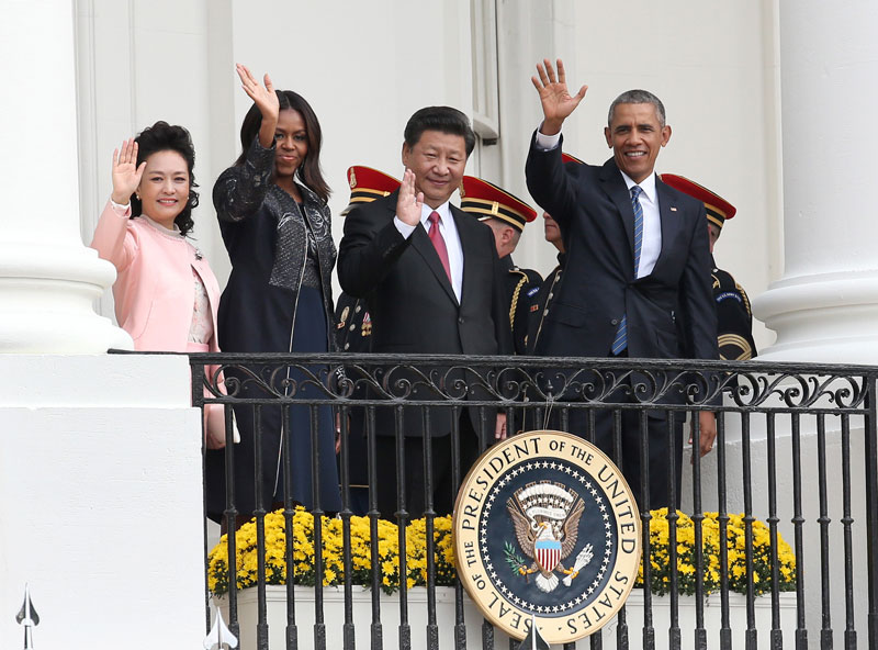 9月25日，美國總統奧巴馬在華盛頓白宮南草坪舉行隆重儀式，歡迎國家主席習近平對美國進行國事訪問。新華社記者 龐興雷 攝