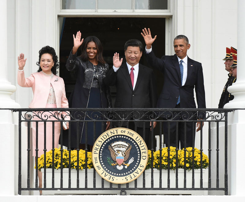9月25日，美國總統奧巴馬在華盛頓白宮南草坪舉行隆重儀式，歡迎國家主席習近平對美國進行國事訪問。新華社記者 李學仁 攝