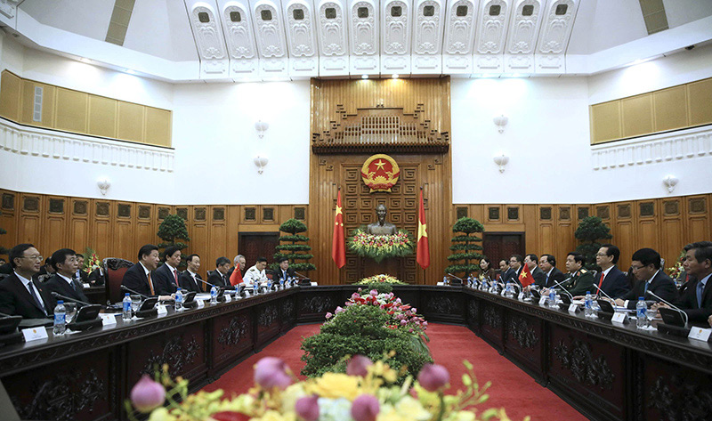 11月5日，中共中央總書記、國家主席習近平在河內同越南總理阮晉勇舉行會談。新華社記者 蘭紅光 攝