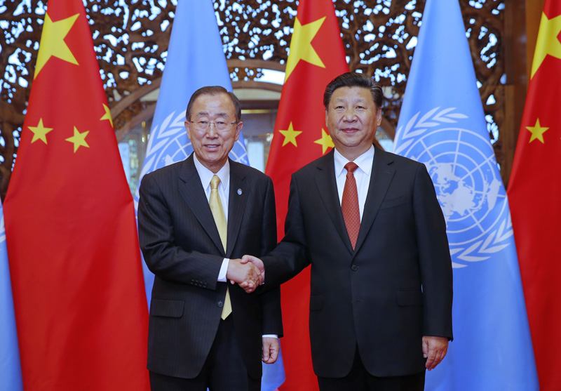 7月7日，國家主席習近平在北京釣魚台國賓館會見聯合國秘書長潘基文。新華社記者鞠鵬攝