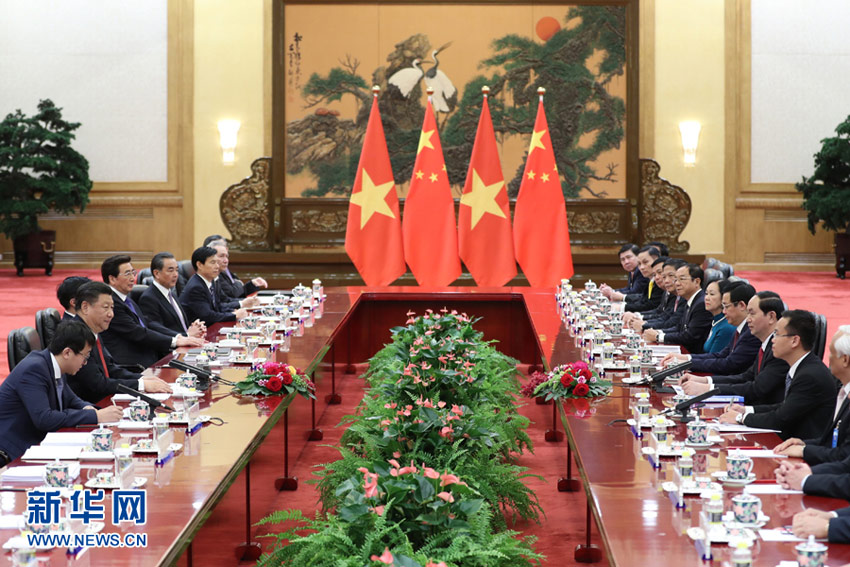 5月11日，國家主席習近平在北京人民大會堂同越南國家主席陳大光舉行會談。 新華社記者 丁林 攝