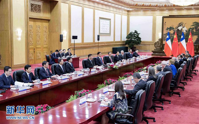 5月13日，國家主席習近平在北京人民大會堂同智利總統巴切萊特舉行會談。 新華社記者 李濤 攝