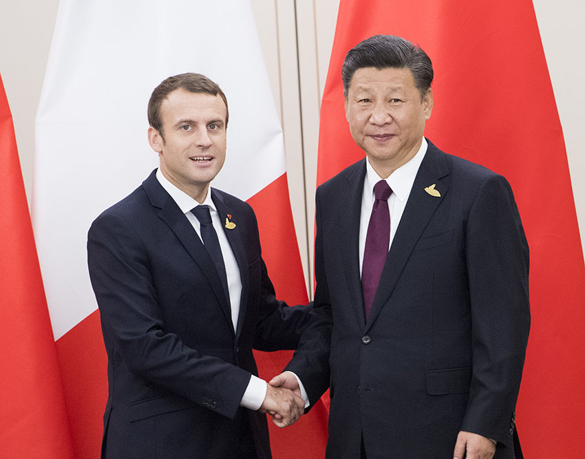 7月8日，國家主席習近平在漢堡會見法國總統馬克龍。新華社記者 李學仁 攝
