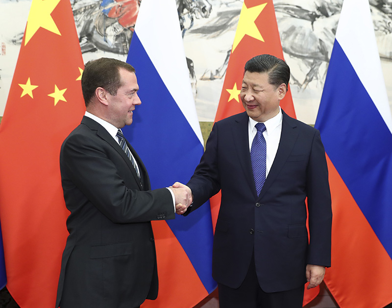 11月1日，國家主席習近平在北京釣魚台國賓館會見俄羅斯總理梅德韋杰夫。新華社記者 謝環馳攝