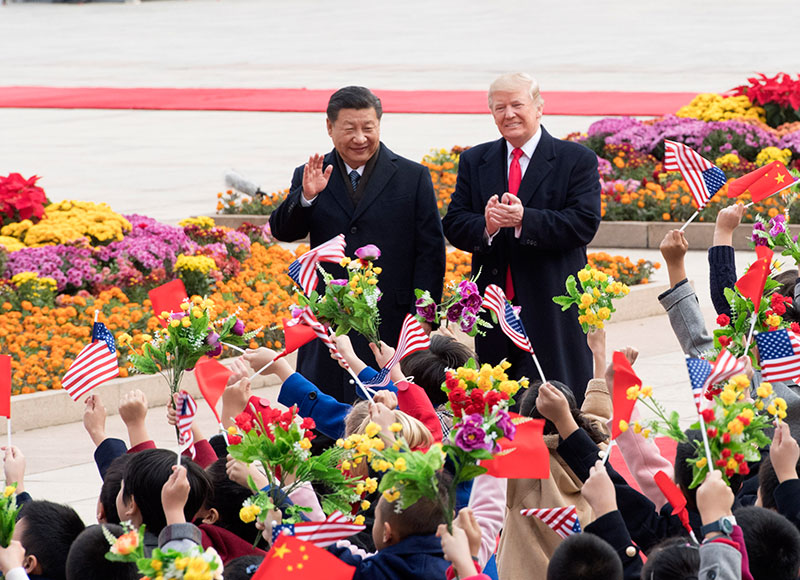 11月9日，國家主席習近平在北京人民大會堂東門外廣場舉行歡迎儀式，歡迎美利堅合眾國總統唐納德·特朗普對中國進行國事訪問。 新華社記者李學仁 攝