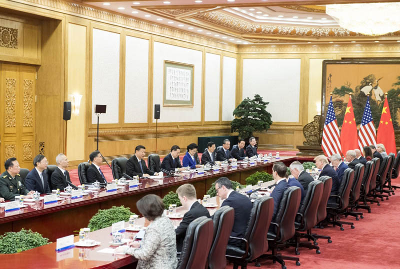 11月9日，國家主席習近平在北京人民大會堂同美國總統特朗普舉行會談。 新華社記者 李學仁 攝