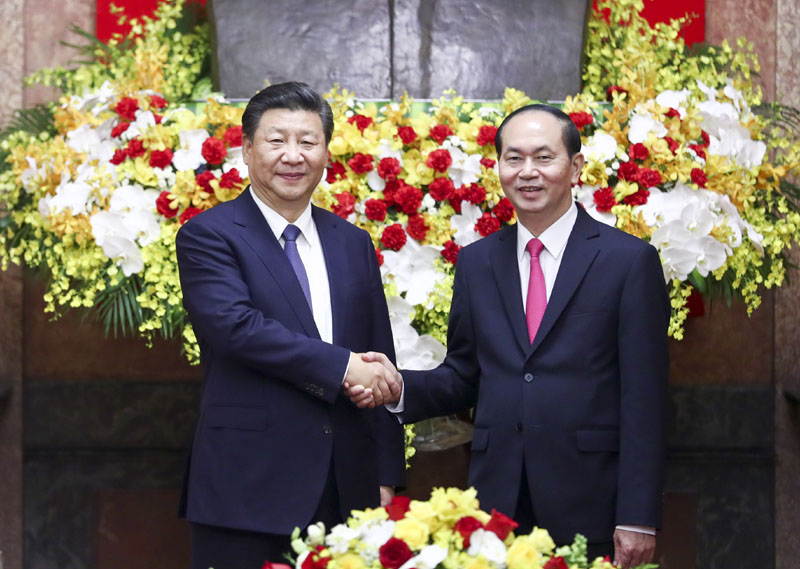 11月13日，中共中央總書記、國家主席習近平在河內主席府同越南國家主席陳大光舉行會談。 新華社記者 謝環馳 攝
