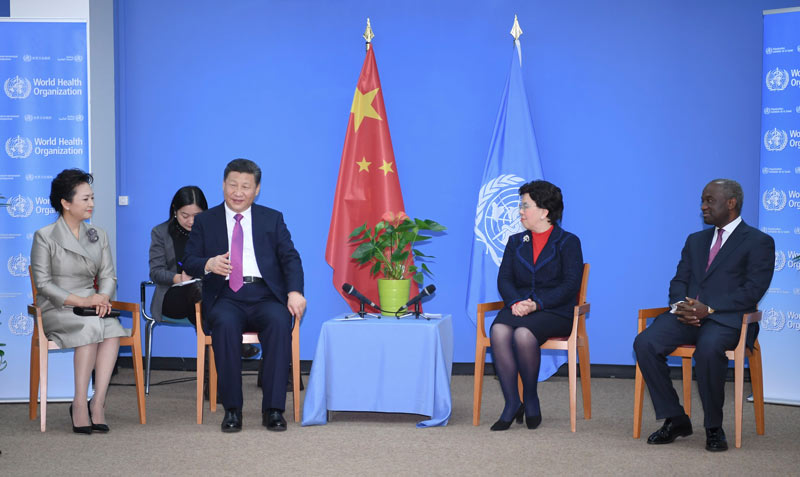 1月18日，國家主席習近平在瑞士日內瓦訪問世界衛生組織並會見陳馮富珍總干事。 新華社記者 吳曉凌 攝
