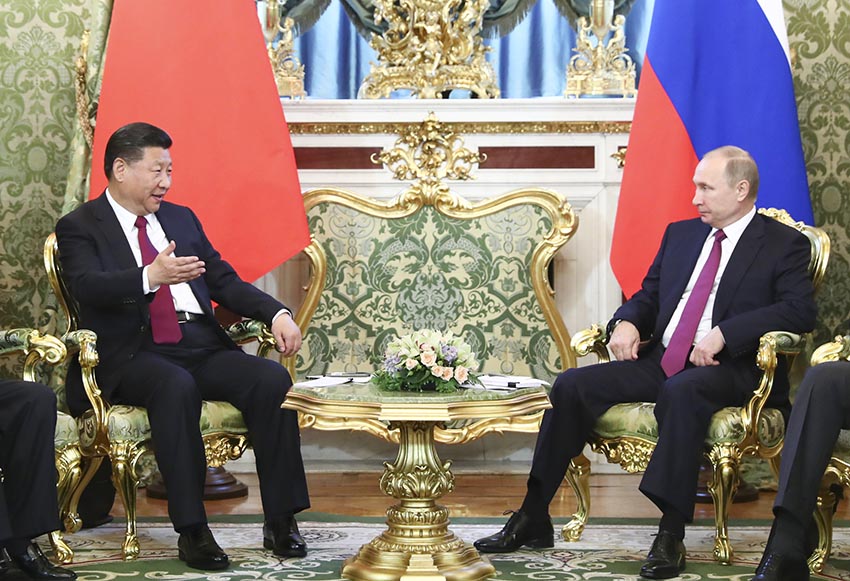 7月4日，國家主席習近平在莫斯科克裡姆林宮同俄羅斯總統普京舉行會談。 新華社記者 謝環馳 攝