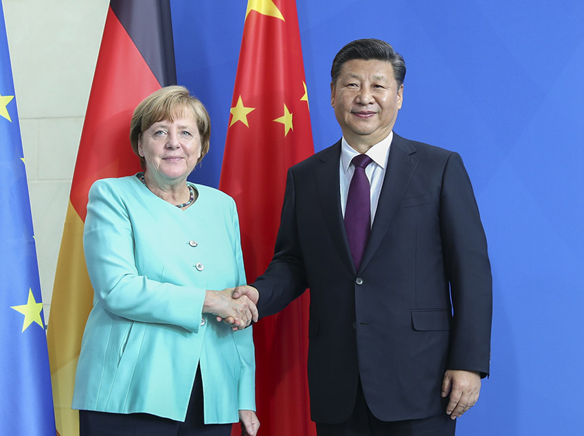 7月5日，國家主席習近平在柏林同德國總理默克爾舉行會談。新華社記者謝環馳攝