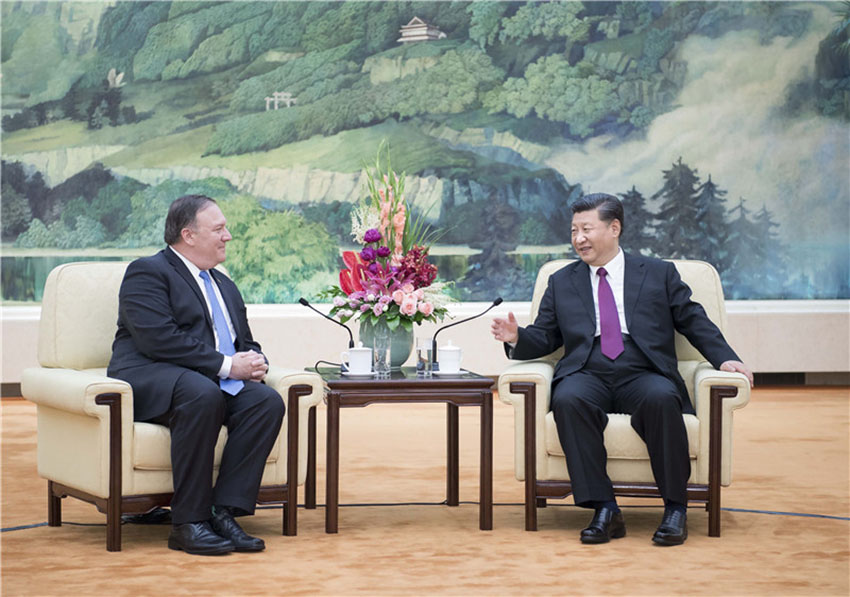 6月14日，國家主席習近平在北京人民大會堂會見美國國務卿蓬佩奧。新華社記者 李濤 攝