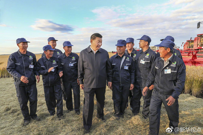 9月25日，中共中央總書記、國家主席、中央軍委主席習近平抵達黑龍江省開始考察。這是習近平在七星農場萬畝大地號與農場工人們親切交談。 新華社記者 謝環馳 攝