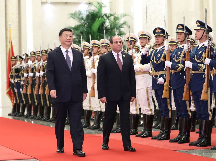 9月1日，国家主席习近平在北京人民大会堂同埃及总统塞西举行会谈。这是会谈前，习近平在人民大会堂北大厅为塞西举行欢迎仪式。新华社记者 丁海涛 摄