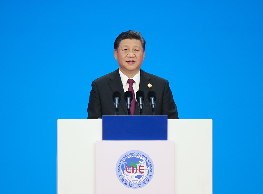 11月5日，首屆中國國際進口博覽會在上海開幕。國家主席習近平出席開幕式並發表題為《共建創新包容的開放型世界經濟》的主旨演講。 新華社記者 姚大偉 攝