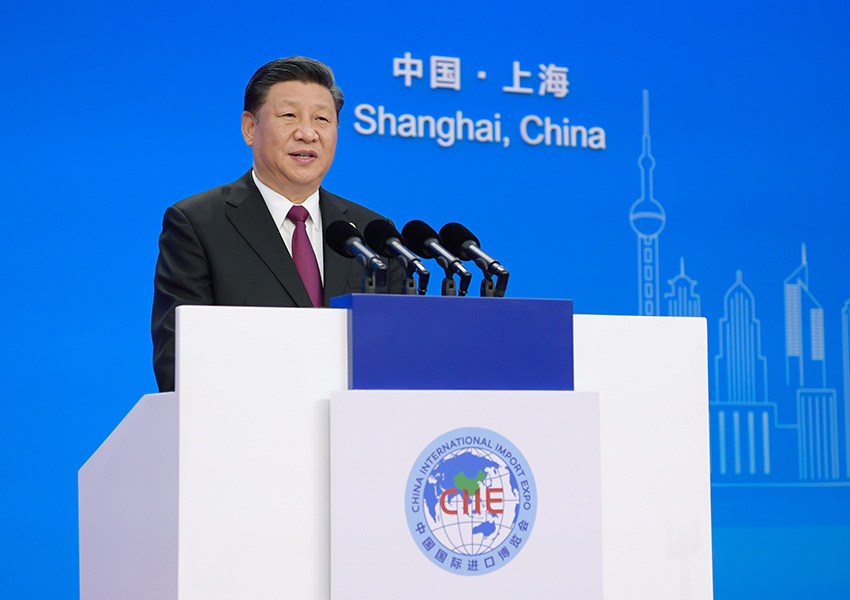 11月5日，首屆中國國際進口博覽會在上海開幕。國家主席習近平出席開幕式並發表題為《共建創新包容的開放型世界經濟》的主旨演講。 新華社記者 李學仁 攝