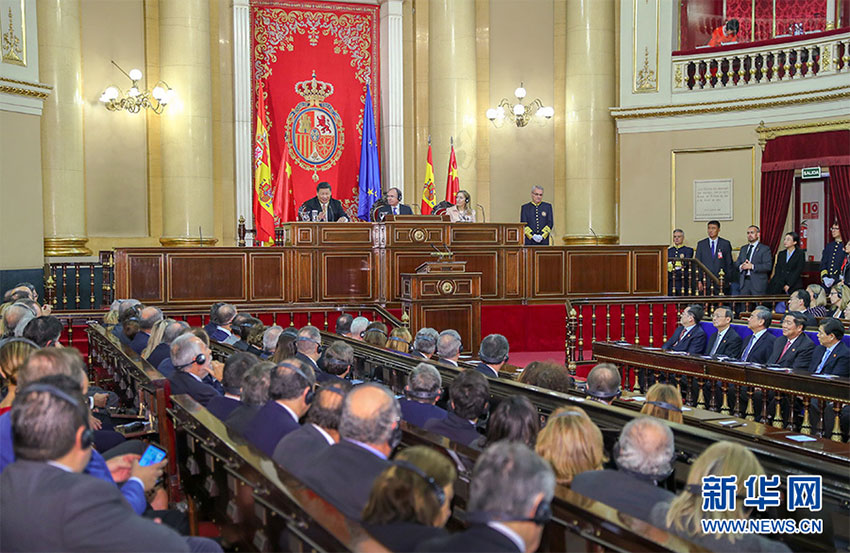 當地時間11月28日，國家主席習近平在馬德裡向西班牙參議院、眾議院主要議員發表講話。 新華社記者 謝環馳 攝