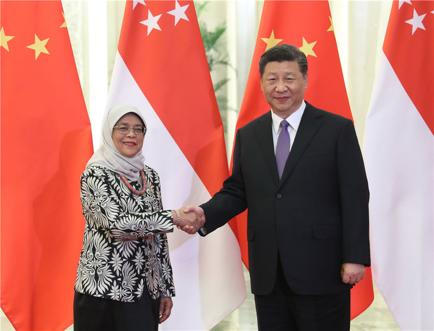 5月14日，國家主席習近平在北京人民大會堂會見來華出席亞洲文明對話大會的新加坡總統哈莉瑪。新華社記者 姚大偉 攝