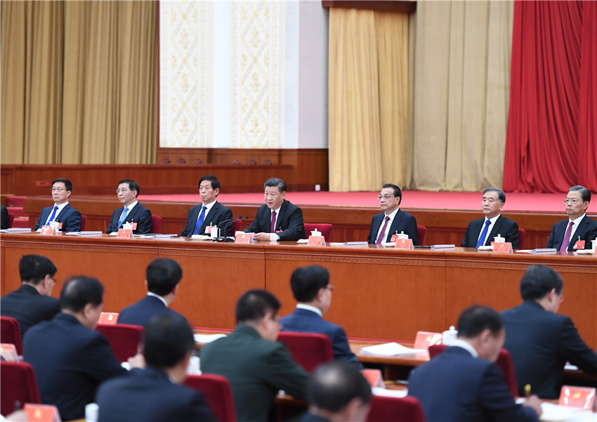 中國共產黨第十九屆中央委員會第四次全體會議，於2019年10月28日至31日在北京舉行。這是習近平、李克強、栗戰書、汪洋、王滬寧、趙樂際、韓正等在主席台上。 新華社記者 張領 攝