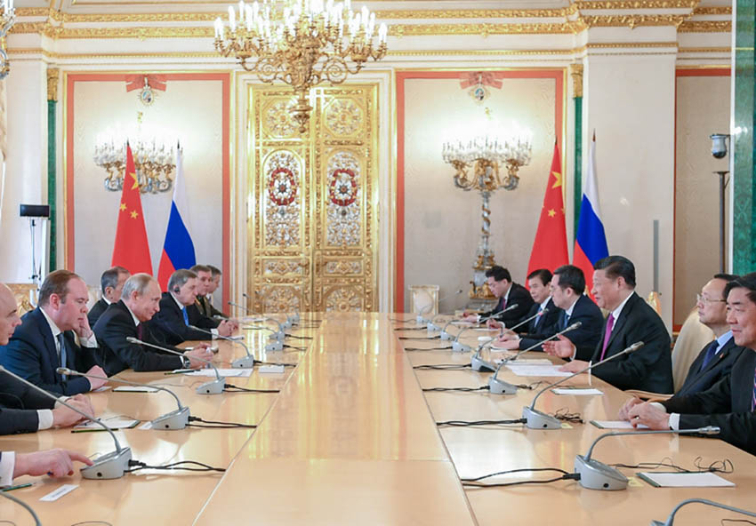 6月5日，國家主席習近平在莫斯科克裡姆林宮同俄羅斯總統普京會談。 新華社記者 謝環馳 攝