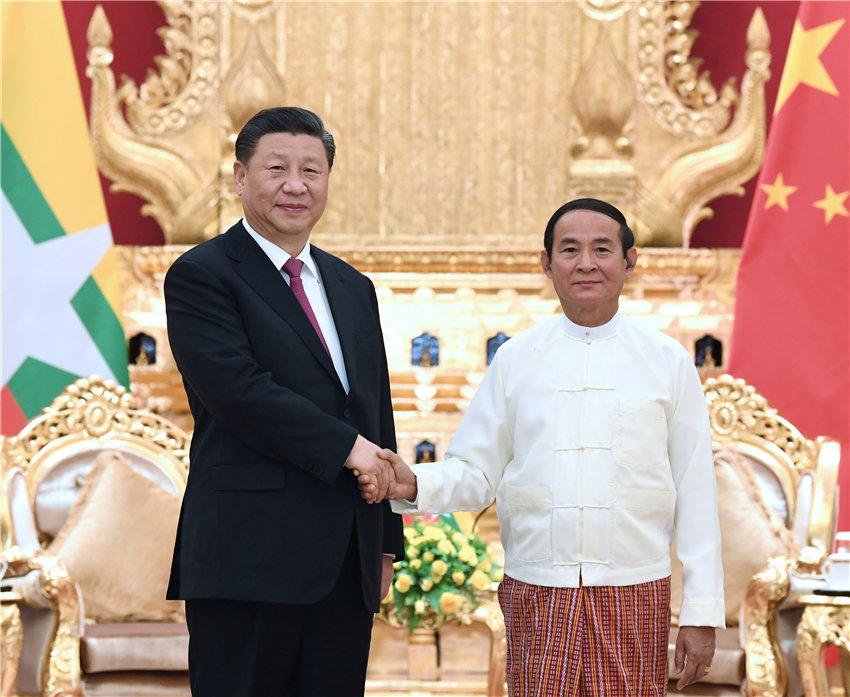 當地時間1月17日下午，國家主席習近平在內比都同緬甸總統溫敏會談。新華社記者 饒愛民 攝