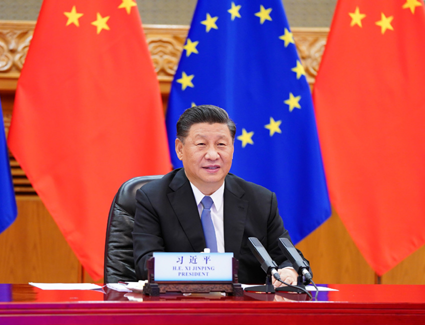 6月22日晚，國家主席習近平在北京以視頻方式會見歐洲理事會主席米歇爾和歐盟委員會主席馮德萊恩。 新華社記者 謝環馳 攝