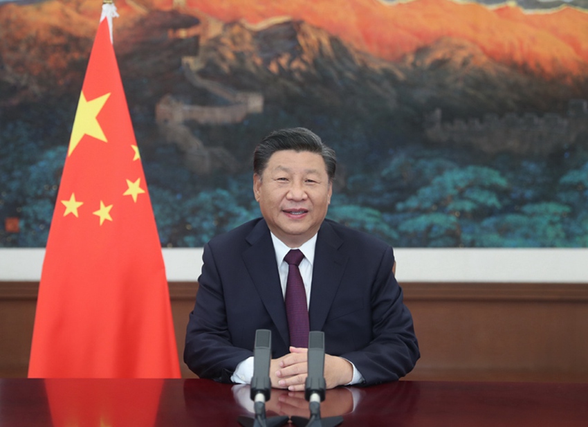 9月4日，国家主席习近平在2020年中国国际服务贸易交易会全球服务贸易峰会上致辞。新华社记者 鞠鹏 摄