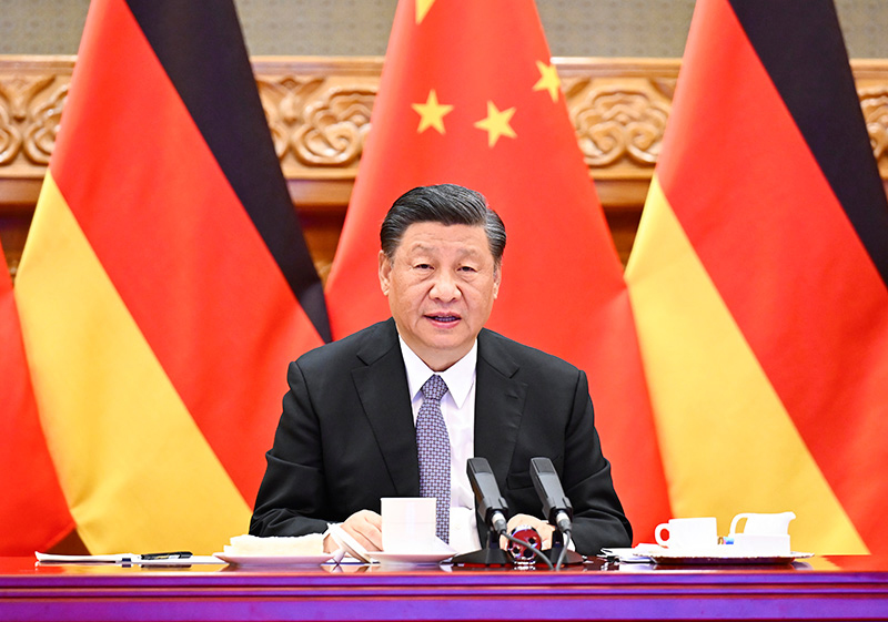 5月9日下午，国家主席习近平在北京同德国总理朔尔茨举行视频会晤。 新华社记者 李学仁 摄