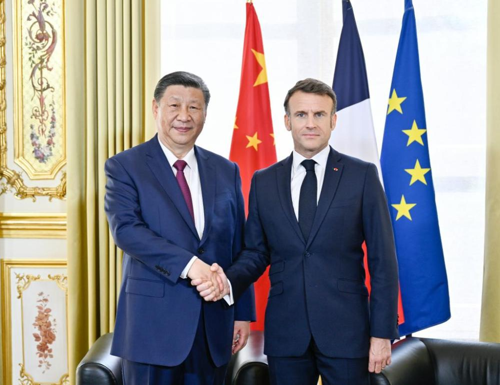 當地時間5月6日下午，國家主席習近平在巴黎愛麗舍宮同法國總統馬克龍舉行會談。新華社記者 殷博古 攝