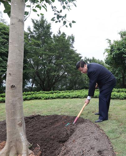 2012年12月7日至11日，習(xí)近平在廣東省考察工作。這是8日上午，習(xí)近平在深圳蓮花山公園種下一棵高山榕樹(shù)。新華社記者 蘭紅光 攝