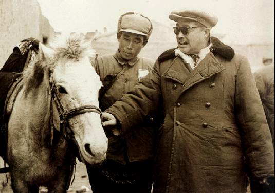 1958年11月,贺龙在张家口察看民兵骑兵连的马